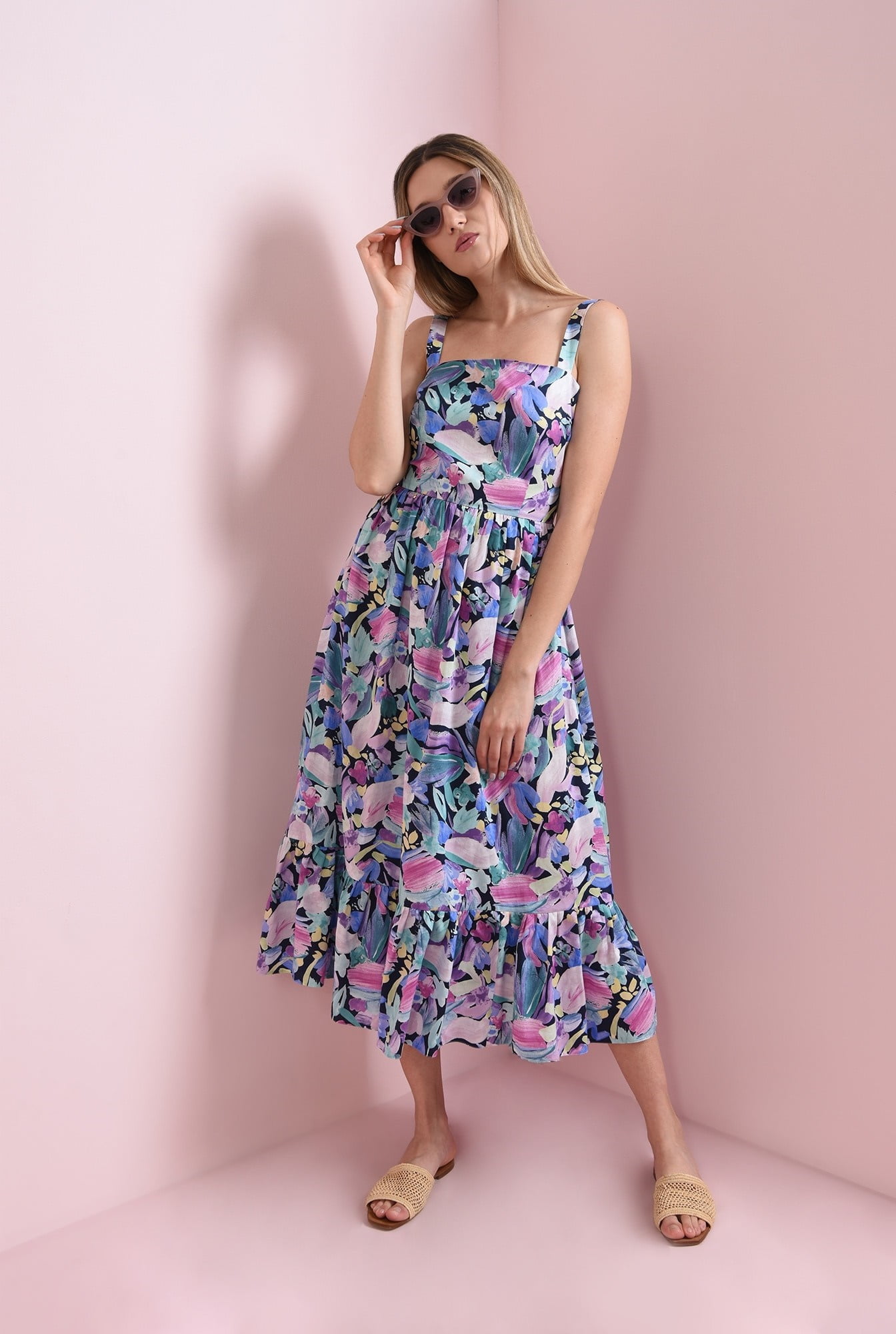 Rochie de vara cu bretele si print multicolor