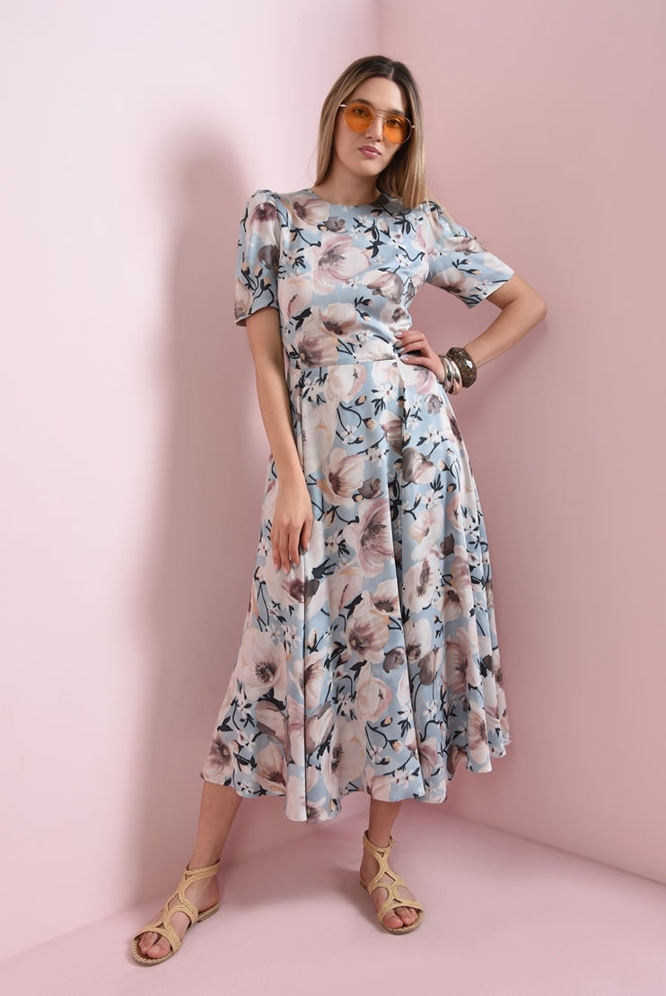 Rochie midi bleu cu flori ample