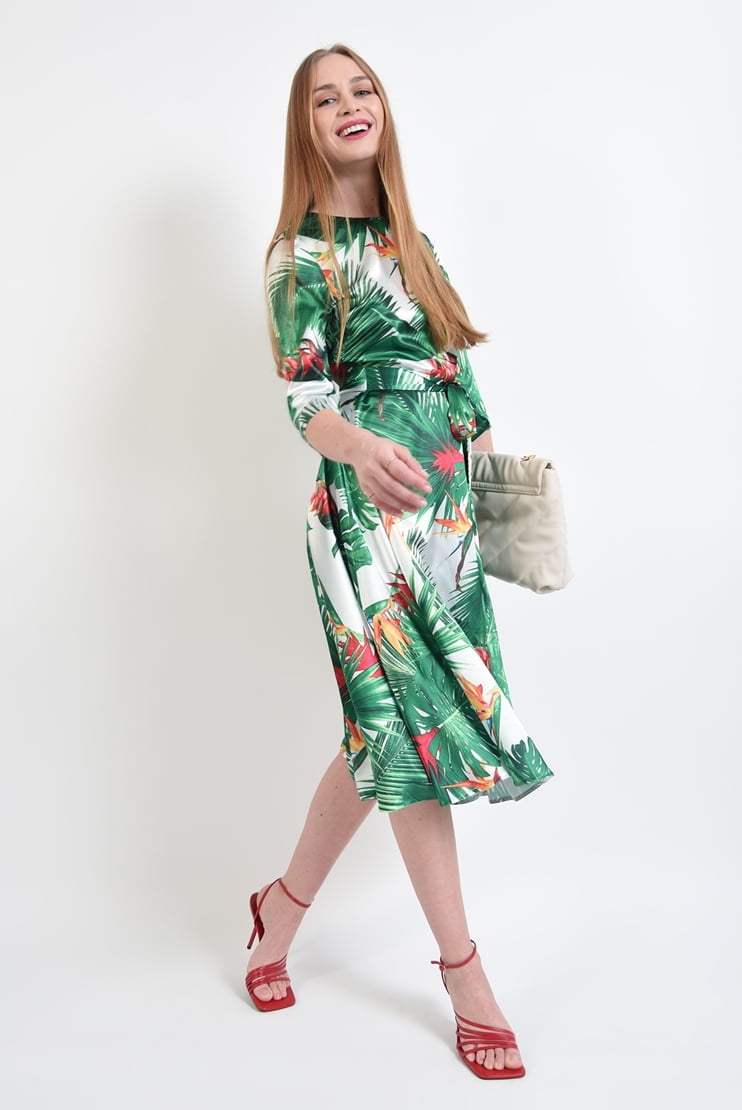 Rochie midi din satin cu print tropical