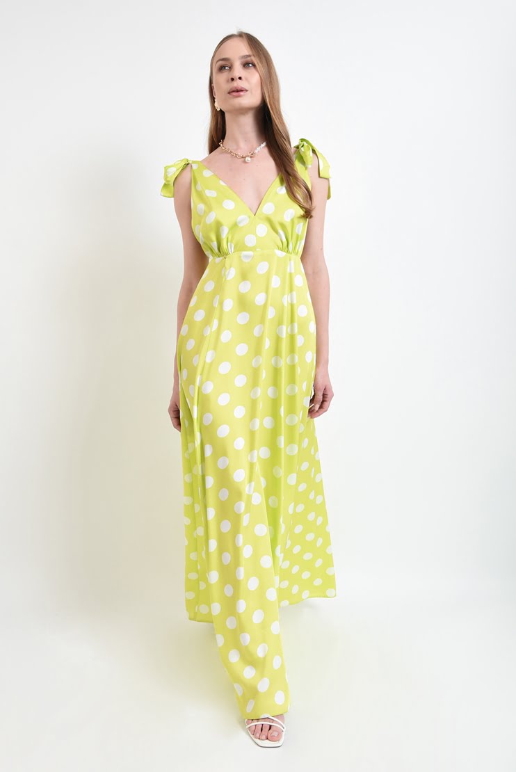 Rochie lime cu buline albe si funde